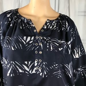 MICHAEL Michael Kors | Blue & White Palm Leaf Print Blouse w/Grommets | Medium